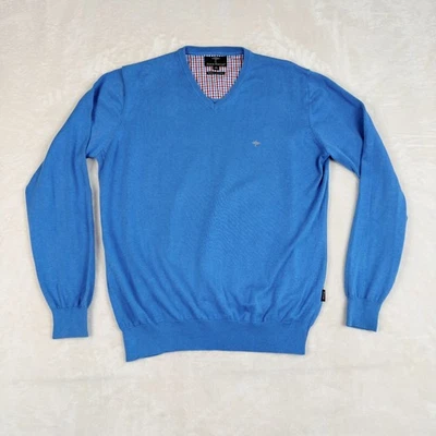 Fynch Hatton Pullover Herren M Blau V-ausschnitt Pulli Bestickt Superfeine - Bild 1 von 4
