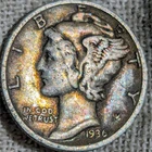1936 Mercury Dime F/VF : Toned, Fine to Very Fine - .9 Fine Silver Coin