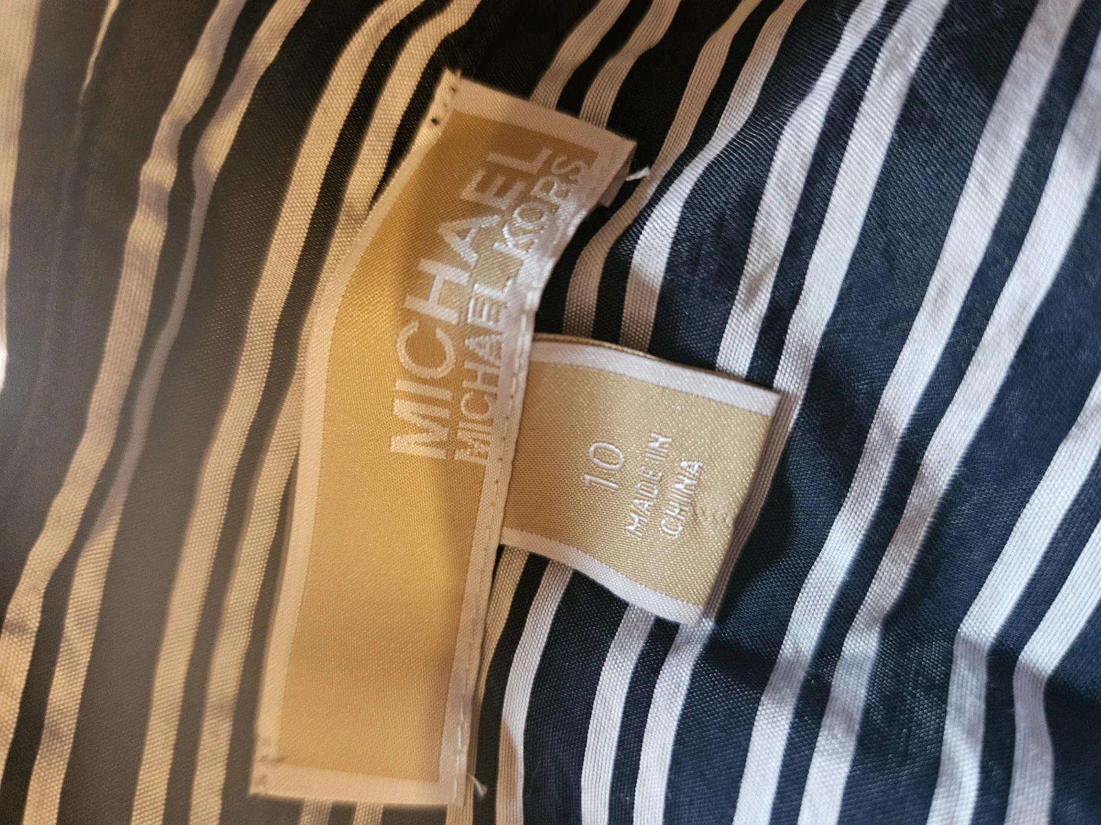 Abito camicia MICHAEL Michael Kors righe cravatta davanti manica lunga scollo a V blu taglia 10