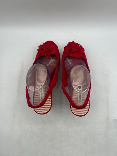 American Eagle Wedge Pump Heel Women's Sz 9.5 Red Canvas Peep Toe Slip-On 85374 - Picture 4 of 8