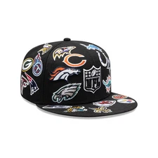 New NFL Teams Patch Logos All-Over Black Fitted Hat 59FlFTY Era Baseball Cap