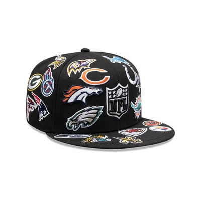 New NFL Teams Patch Logos All-Over Black Fitted Hat 59FlFTY Era Baseball Cap