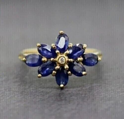 Laborgefertigter Verlobungsring 2 kt Ovalschliff blauer Saphir 14 K Gelbgold vergoldet - Bild 1 von 4