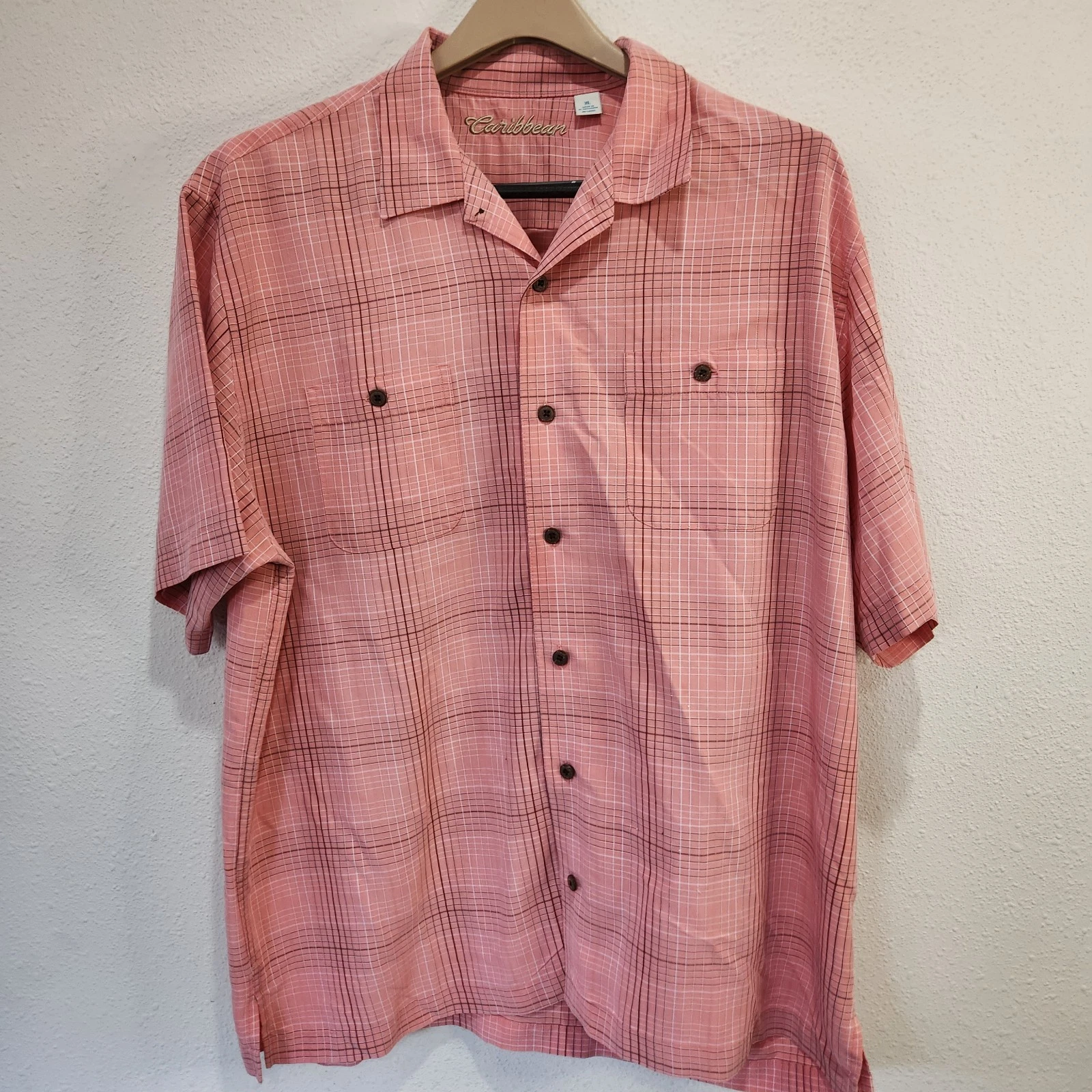 Caribbean Men’s Aloha Hawaiian Shirt XL Peach Plaid Modal Blend Resort Casual