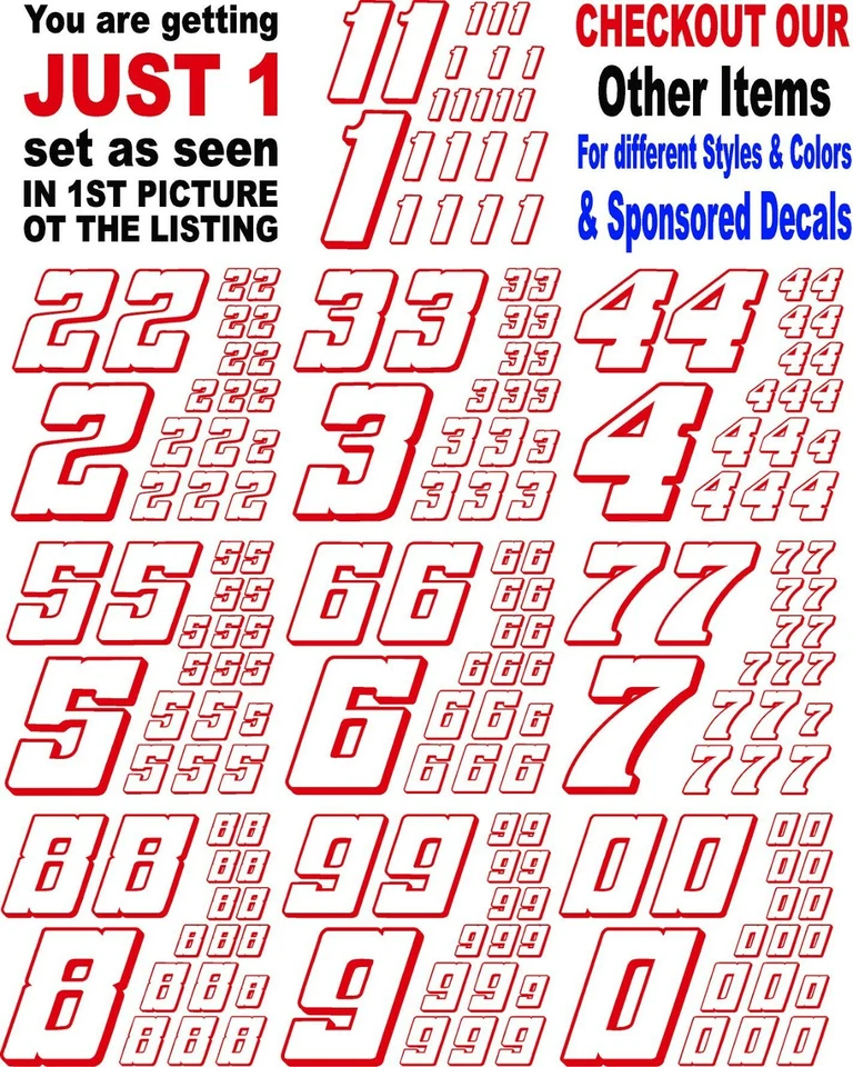 WHITE w/RED (#5's) Racing Numbers Decal Sticker Sheet 1/8-1/10-1/12 RC LOSI- - Image 2 of 4