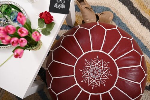 New Stool Round Leather Pouffe Ottoman Footstool Moroccan Genuine Boho Brown - Picture 8 of 9