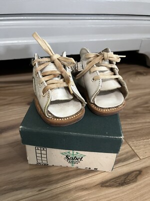 Vintage Sabel White Pre-Walker Leather Baby Shoes Size original Box Laces 
