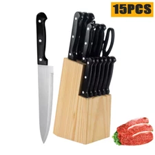15-PIECE KITCHEN KNIFE WOOD BLOCK SET STAINLESS STEEL USA
