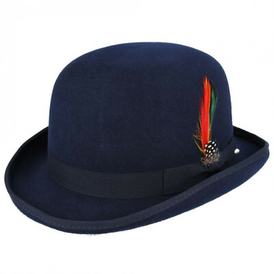 Marine 100% Wolle Bowler Mütze hochwertig mit abnehmbarer Feder Satin gefüttert
