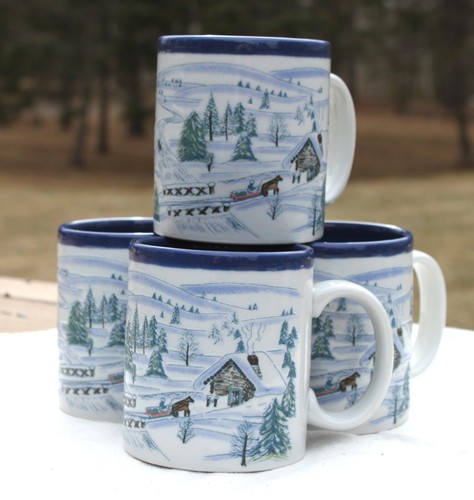 4er Set Otagiri Japan geprägt verschneit Winter Hütte Pferdeschlitten Kaffeebecher blau - Bild 4 von 7