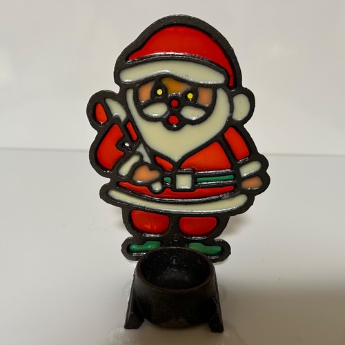 Stained Glass Santa Claus Votive Candle Holder Incased With Cast Metal Beautiful - Picture 3 of 7