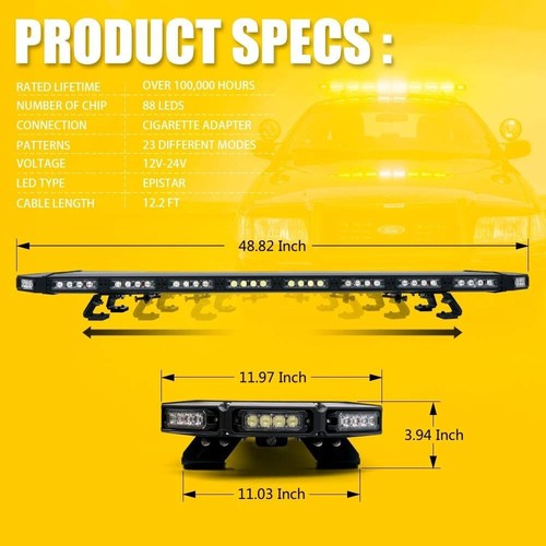 48 Amber Emergency Strobe Bar Lights Rooftop Security Flash Tow Truck Traffic - Picture 5 of 7