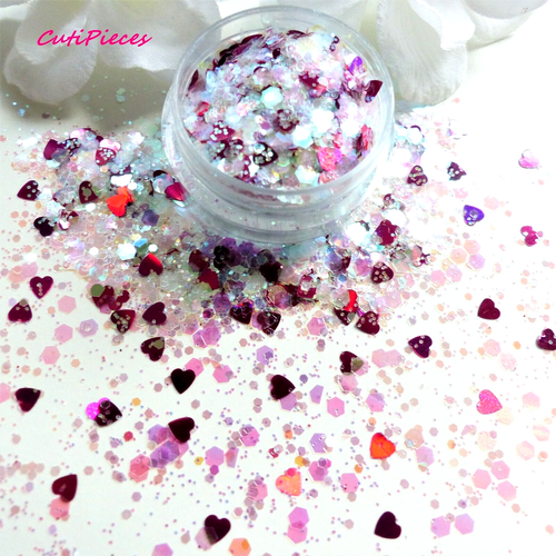 Nail Art Glitter *Blush* Iridescent Shimmer Pink Hexagon Heart Spangle 5ml Pot - Picture 2 of 3
