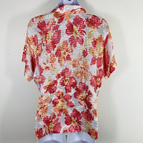 Casual Corner Womens Top sz XL Pink Yellow Crinkle Floral Short Sleeve Button Up - Picture 9 of 13