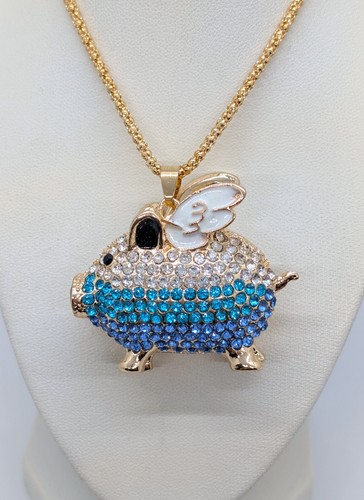 Sparkly Cute! Betsey Johnson Two Tone Blue & Clear Crystal Pig w/ Wings Necklace - Picture 6 of 17