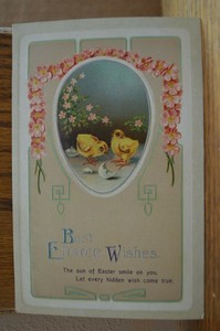 1913-Chicks-Flowers-Art-Nouveau-Style-Best-Easter-Wishes-Embossed-Postcard