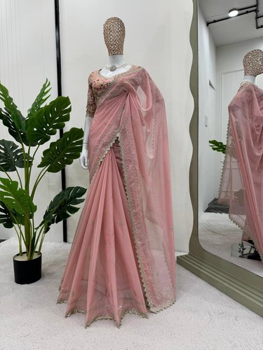 Designer Sari Bridal Silk Saree Blouse Indian Wedding Party Wear Saree Bollywood - Picture 7 of 9