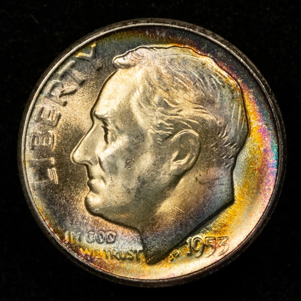 1953-S 10c Roosevelt Dime - UNC - Flashy Luster Gorgeous Rainbow Toning - Y4585 - Image 4 of 4
