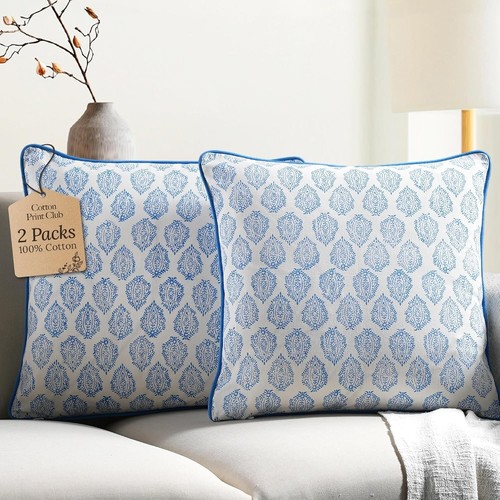 100% Cotton Royal Blue Floral Print Pillow Covers - Set of 2 for Home Decor - Picture 3 of 11