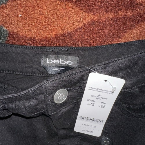 Vintage BEBE Fringe Denim Mini skirt US Size 25 - Picture 2 of 3