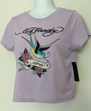 NWT ED HARDY Women's Lavender Lilac BABY TEE Bird Crop Top Tshirt  Size Large