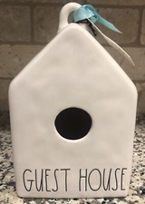 New Rae Dunn GUEST HOUSE Square Birdhouse With Minty Blue Ribbon