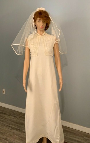 Womens cap sleeve linen embroidered Wedding Dress Bridal Gown Size US0-2 - Picture 9 of 11