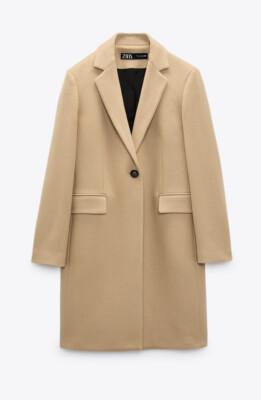 ZARA MASCULINE WOOL COAT LIGHT-TAN COLLARED LINNED NEW FW23