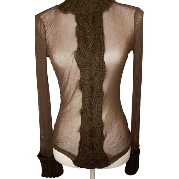 Y2K 90s Yoki extremely rare unique brown mesh long sleeve top with knit details 