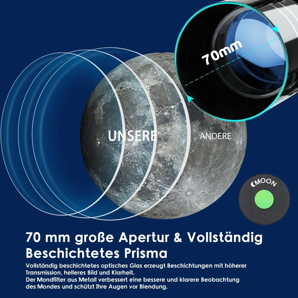 ESSLNB 180X Teleskop Astronomie Refraktor 3X Barlow-Linse Mit Stativ 70mm - Bild 2 von 4