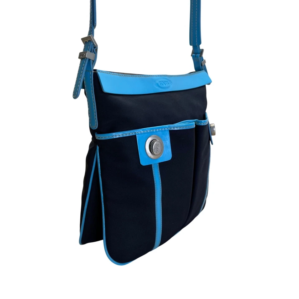 Tod’s Black & Blue Nylon Leather Trim With Silver Turn Lock Crossbody Bag - Image 4 of 4