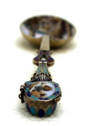 Luxor Ägypten Silber Emaille Souvenir Demitasse Löffel Verschluss Geheimfach Ende - Bild 13 von 16