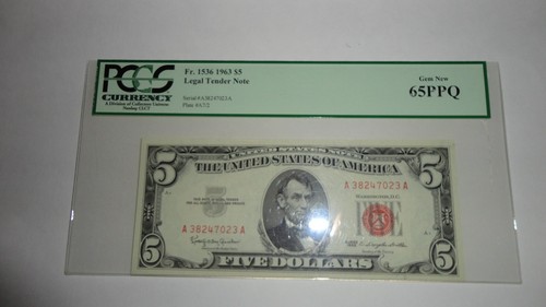 FR-1536  1963  5$  FEDERAL RESERVE NOTE  "PCGS 65 PPQ"   **GEM NEW** - Picture 1 of 6