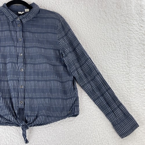 Roxy Blue Button-Up Tie Waist Shirt Womens Long Sleeve Cropped Size Medium - Picture 4 of 15