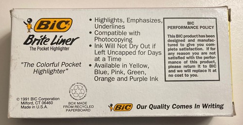 Vintage 1991 Bic Brite Liner Box Of One Dozen Pocket Highlighters Yellow 90s NOS - Picture 2 of 3