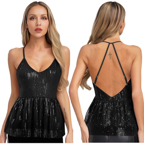Womens Glitter Sequins Cami Tank Tops V Neck Cross Spaghetti Straps Vest Shirts - Picture 9 of 25