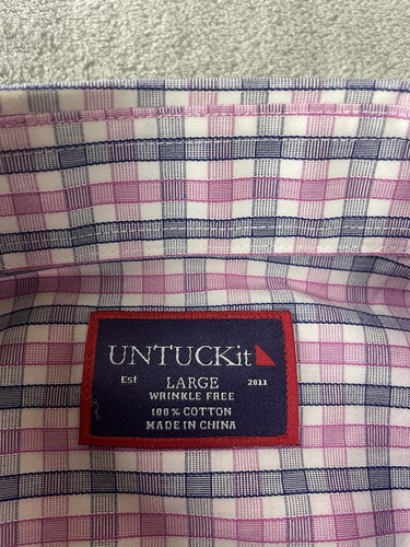 UNTUCKit Button Up Shirt Mens L Blue Pink Long Sleeve Cotton Check Wrinkle Free - Picture 5 of 16
