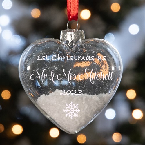 Personalised 1st Christmas As Mr & Mrs Heart Glass Bauble Xmas Tree Ornament - Picture 2 of 3