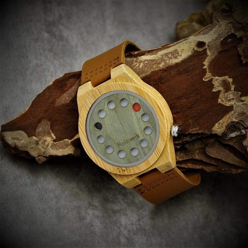 Reloj de madera EIFEL para mujer y hombre con pulsera de cuero en beige, verde, marrón - Imagen 2 de 6