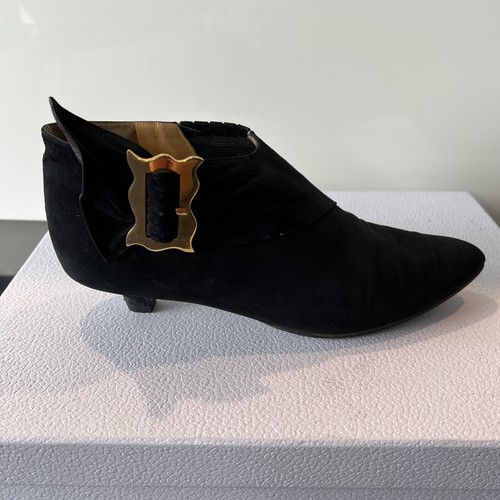CHARLES JOURDAN Paris 80s Black Suede Leather Bootie, Kitten Heels Shoes 37/7US - Picture 6 of 15