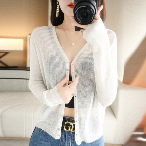 Womens Summer V-neck Silk Knitted Cardigan Thin Loose Solid Color Cover Up Tops - Bild 22 von 28