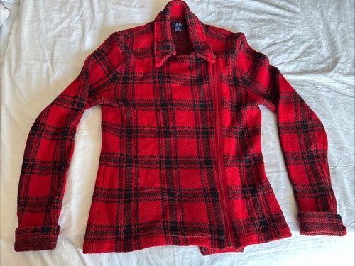 Ralph Lauren Chaps Jumper, Small Red Black Plaid Moto Cardigan, Offset Zip Front - Picture 1 of 10