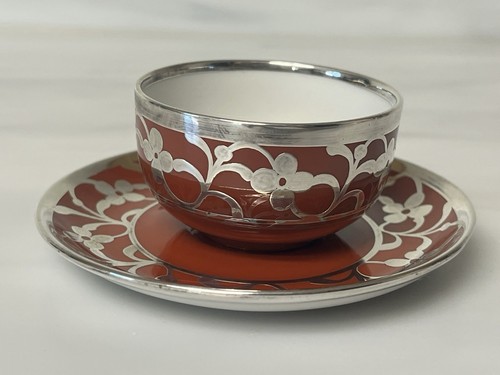 Antique Art Deco Rosenthal Silver Overlay Red Cup/ Saucer Demitasse 1 1/2" Selb - Picture 4 of 14