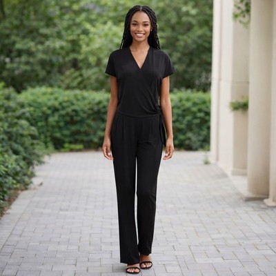 Black Faux Wrap Jumpsuit Minimalist Chic Capsule Wardrobe Corpcore Workwear SZ 8