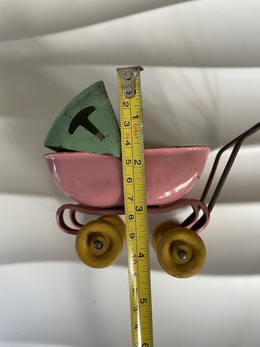 Rare Antique Dollhouse Metal/Wood Baby Carriage Pram Tin Cover Reversible - Picture 5 of 7