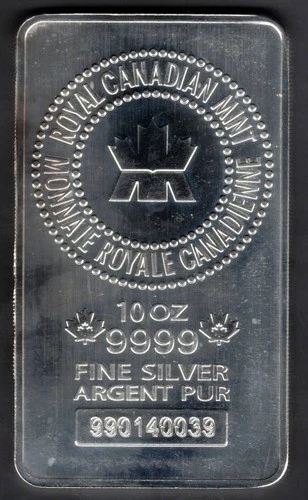 ROYAL CANADIAN MINT 10 Troy Ounces .999 Fine Silver Bar 990140039