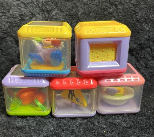 Fisher Price Peek a Boo Blocks Lot 5 Blocks Clown Carrots Cereal Sensory Sign - Picture 1 of 3