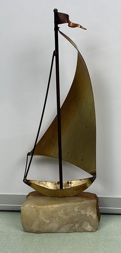 John DeMott Signed Metal Brass Sailboat Sculpture On Stone Base Decor Art Sail - Picture 4 of 7