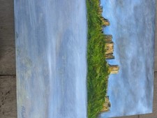 an original painting on canvas featuring a coastal landscape along a cliff edge