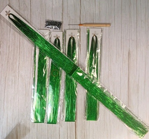 47 Inch Long Green Hair Tinsel Sparkling Shiny Hair Extensions 200 Strands - Picture 4 of 6